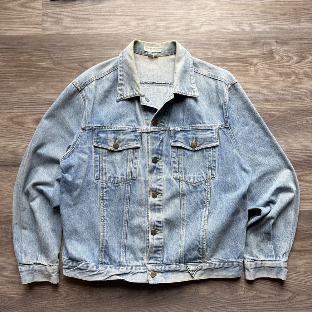 VTG Guess Jean Jacket Mens XL Blue Denim Georges Marciano Classic Faded USA‎